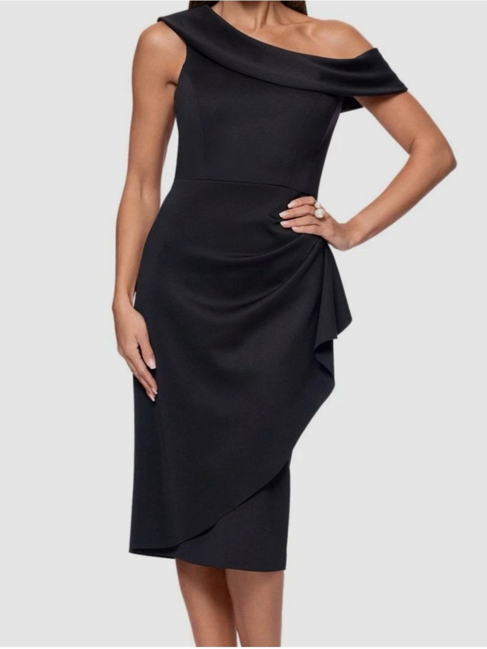 Xscape Women's Black Asymmetric-Neck Side-Drape Dress Size 12